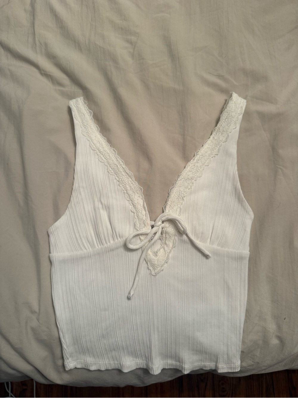 Garage White Ribbed Lace-Trim Tank Top